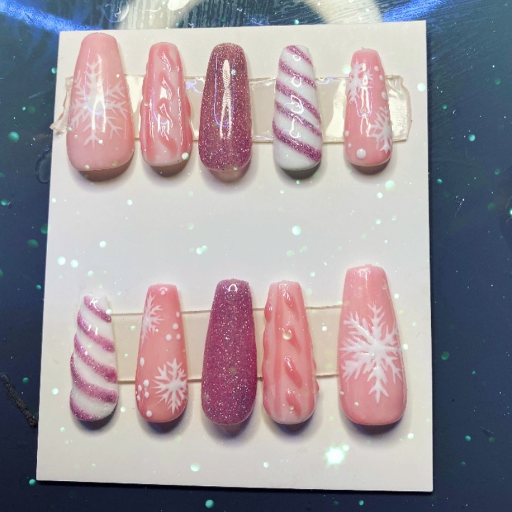 Christmas press on nails |Handmade designs |snowflake pink winter glue on nails